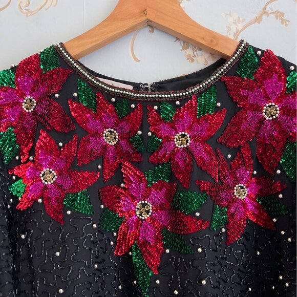 Vintage 90s Laurence Kazar Women Top Size XL Sequin Beaded Floral Party Holiday - Picture 4 of 13